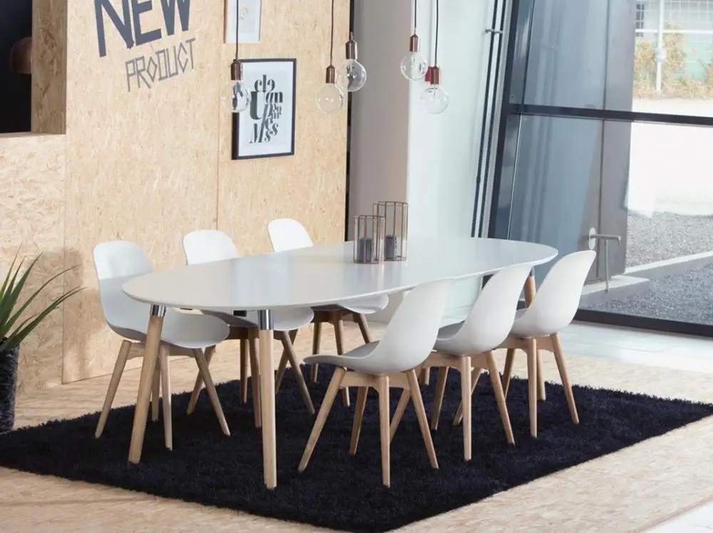 Modern Nordic White Oval MDF board Top Leisure Dinning Dining Room Table With Solid Wooden Legs
