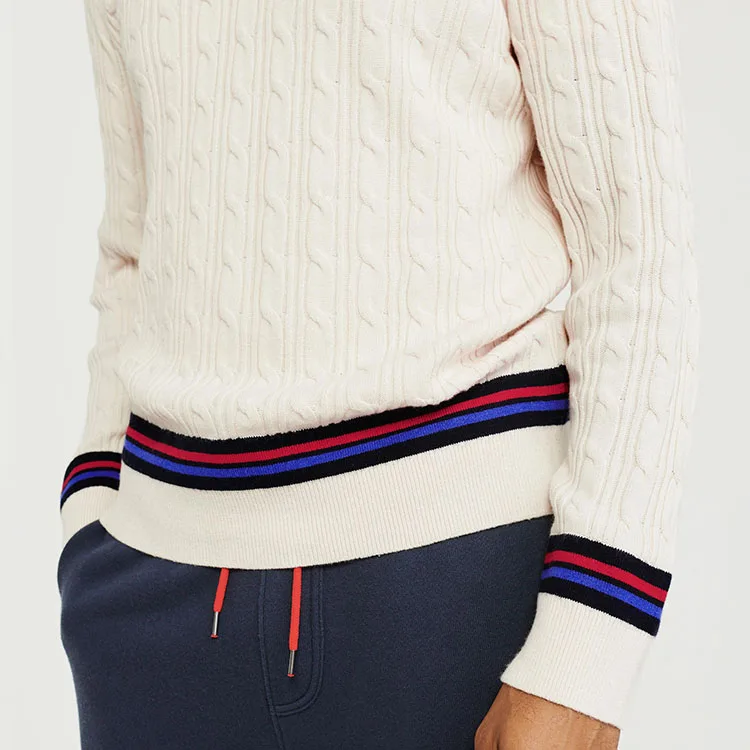 
Popular Custom Wool Knit Mens V Neck Cable Knit Cricket Sweater 