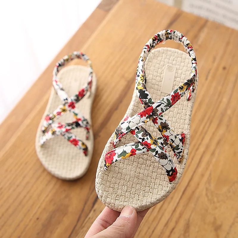 In Stock Junior Child Girls Summer Floral Stripes Breathable Slip-on Sandals