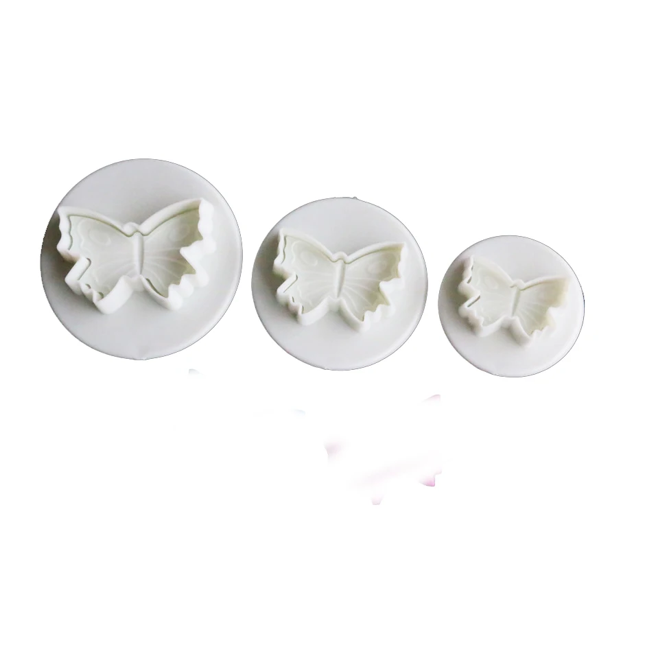 Yiwu bobao factory plastic novelty 3-piece cartoon butterfly shape biscuit pizza cake cookie spring press stamper plunger cutter