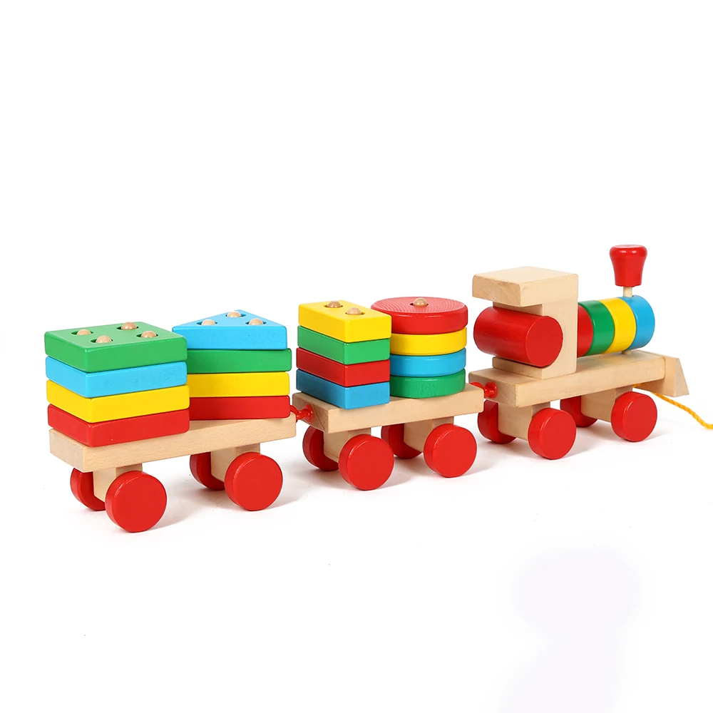 New arrival stock kids toys train educational pull cart wooden block train pull push toys