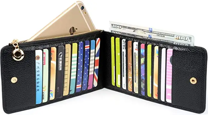 Womens Wallet Blocking Bifold Multi Card Case Litchi Thin Wallet with Zipper Pocket