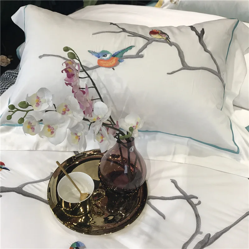 Bird embroidered bedding sheet sets 100% cotton