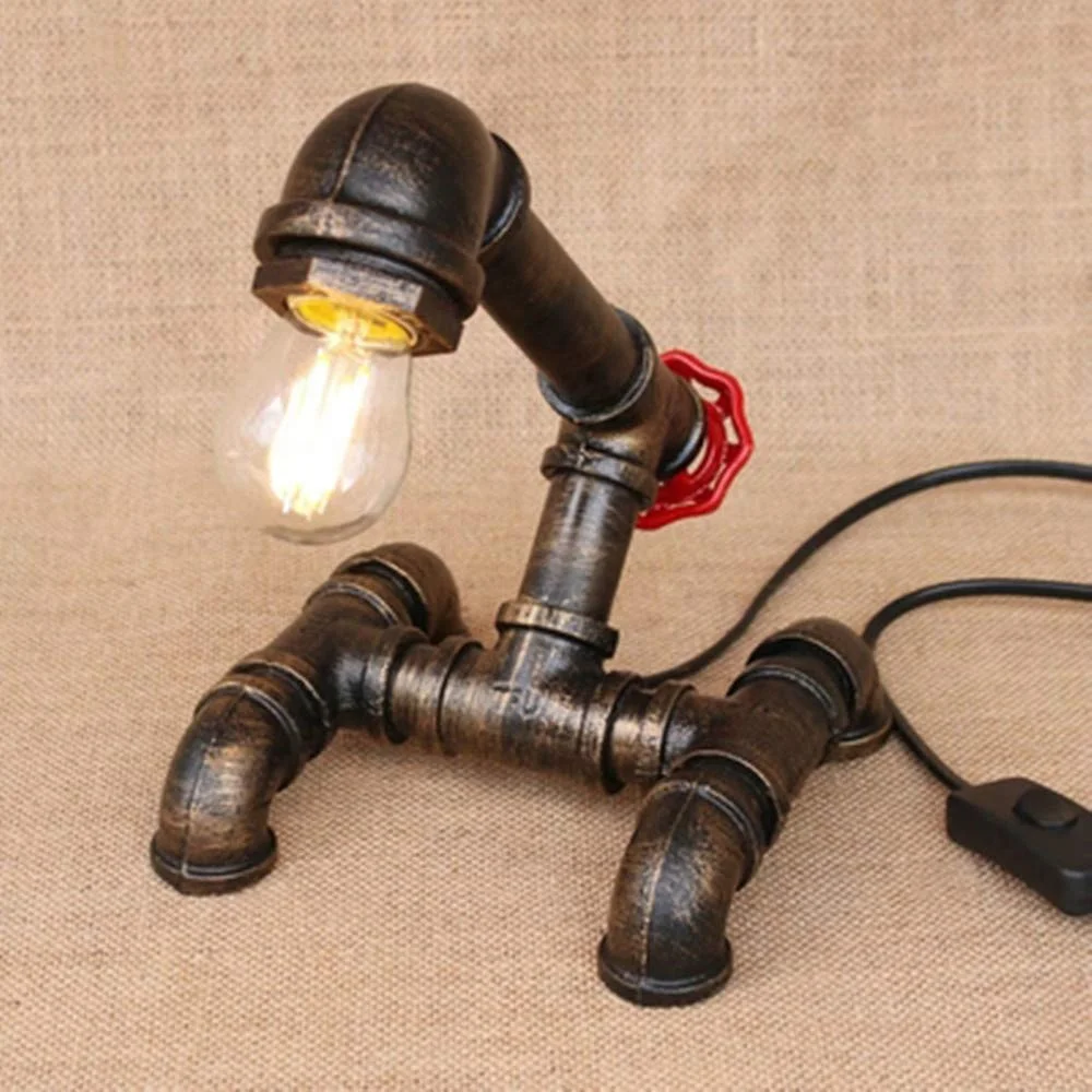 
Industrial Table Lamp Wrought Iron Water Pipe Light Home Decoration with Red Valve Handle Robot Desk Lamp for Restaurant 