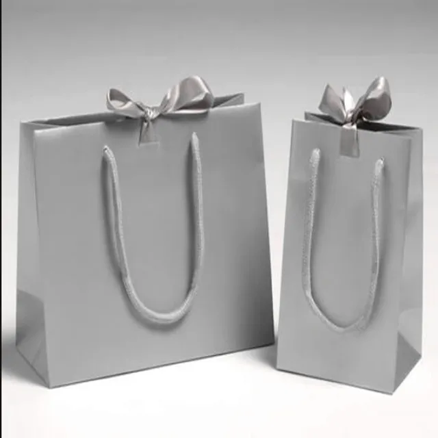 paper bag with grey rope, middle with ribbon, printing your own logo