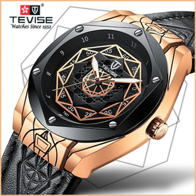 Tevise Fashion Men Automatic Top Brand Unique Design Skeleton Mechanical Watch