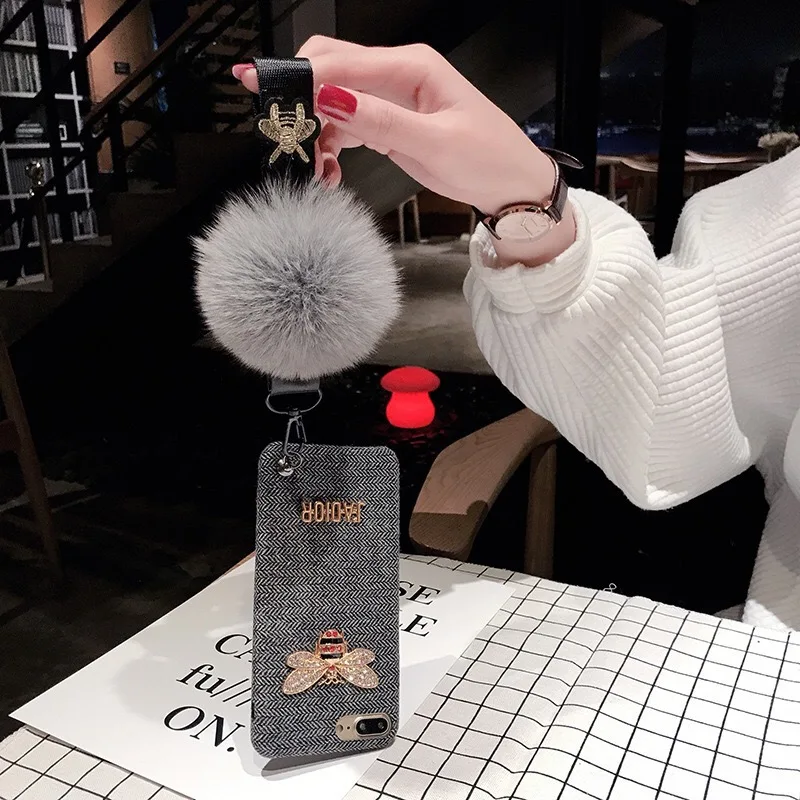 
Luxury rhinestone phone case fabric hair ball phone case with purse hanging rope for phone 