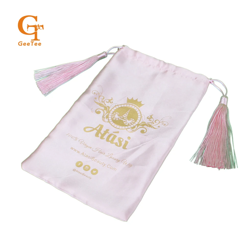 custom logo shop name Virgin hair bundle extensions packaging bags,Customized Luxury silk satin bags hair packing with tassel