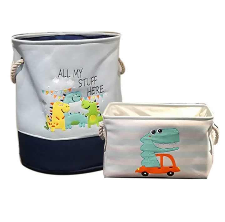 
INS Cartoon Dinosaur Canvas Embroidery Decorative Large Laundry Toy Basket Fabric 