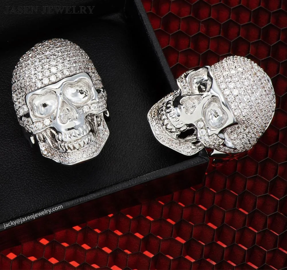 
JASEN JEWELRY silver plated iced out 925 sterling silver skull mens ring 