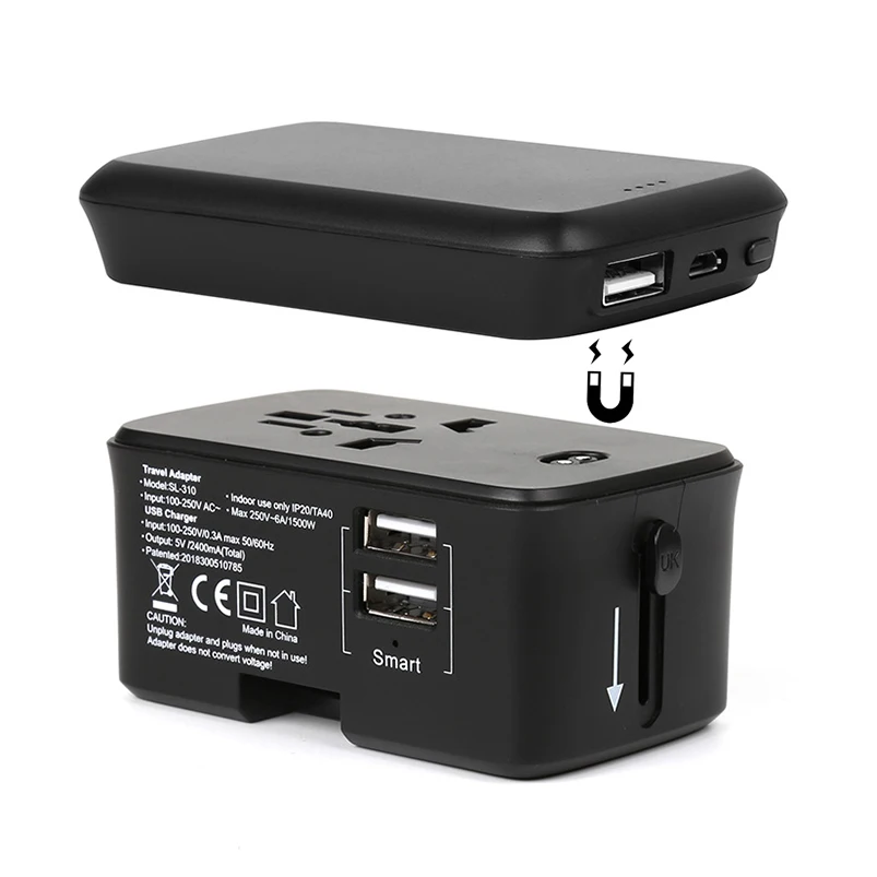 2019 consumer electronics mobile phone accessories 2 usb ports universal travel adapter with power bank charging