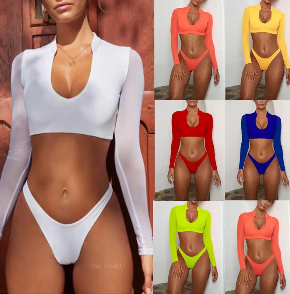 Long Sleeve Sexy Neon Mesh Crop Top Thong 2 Piece Set Extreme Micro String Women Bikini Swimwear
