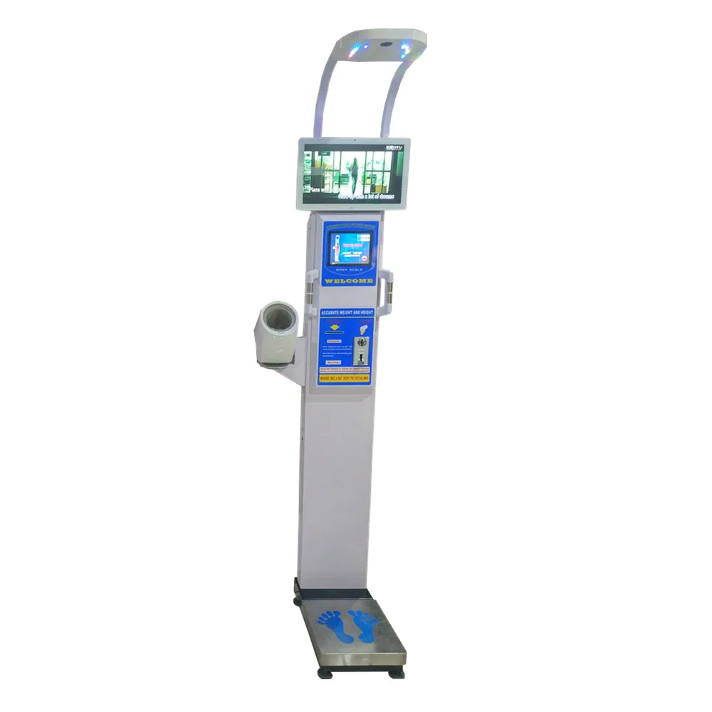 coin operated weighing scale  with height measurement  bmi calculator fat mass analysis and blood pressure monitor