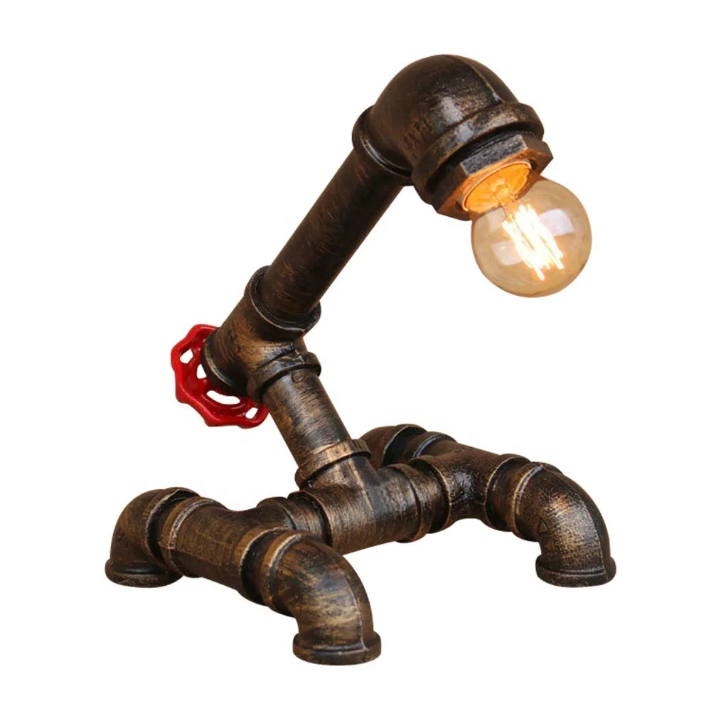 
Industrial Table Lamp Wrought Iron Water Pipe Light Home Decoration with Red Valve Handle Robot Desk Lamp for Restaurant 