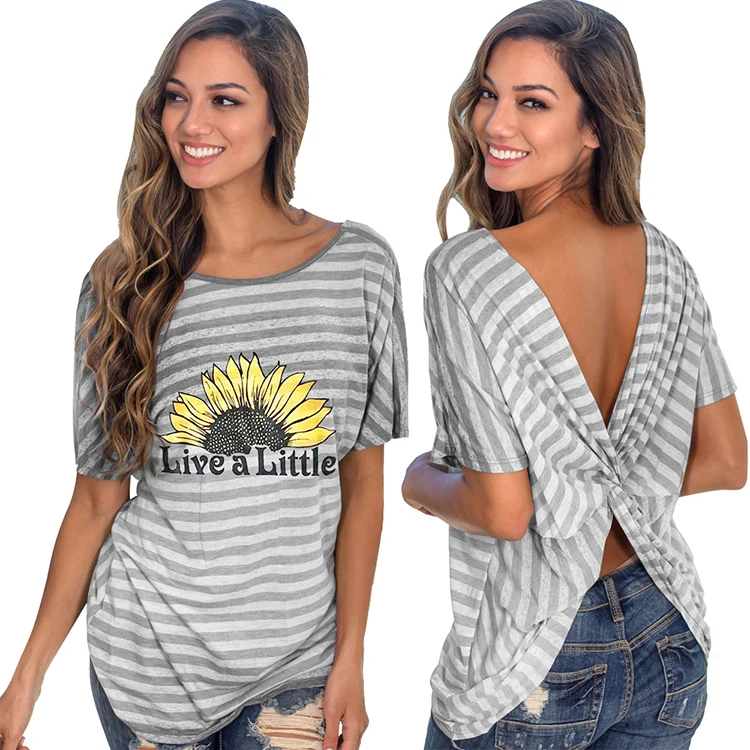 Women Apparel Sunflower Print T Shirts Cross Back Twist Knot Loose Open Back Blouses Tops
