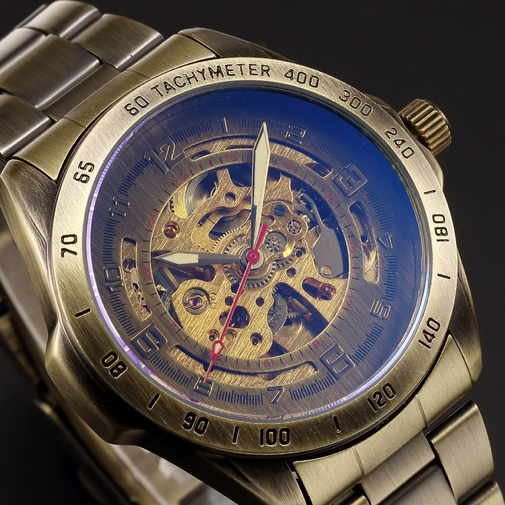 SHENHUA 13 Vintage Bronze Metal Mechanical Watch Men Skeleton Automatic Wrist Watches Luminous Hands Male Wristwatch