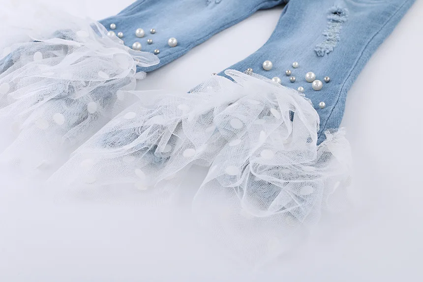 Заводские oem джинсовые брюки для девочек с лоскутными брюками из Кружевной Вуали