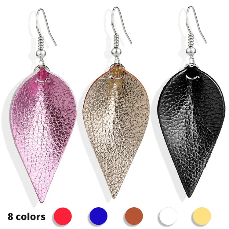 Fashion Handmade Bohemia  Leaf Hoop Earrings Lightweight Sequins Tear Drop Dangle Leaf Leather Earrings