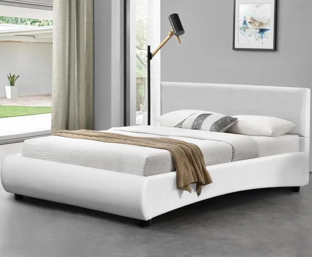 Современная Деревянная белая двухместная мягкая кровать из искусственной кожи со светодиодной подсветкой