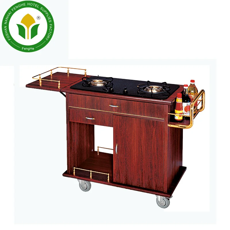 Hotel single gas stove solid wood cooking cart flambe trolley