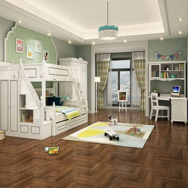 White Pine Solid Wood Convertible Multifunction Wooden Boys Bunk Bed Kids Bunk Bed With Slide and Drawer