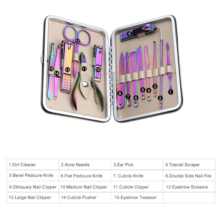 FULLHI Nail Clipper File Cuticle Nipper Nail Art Tool Face Cleaning Care 15 PCS/Set Rainbow Manicure Set with Luxury Travel Case