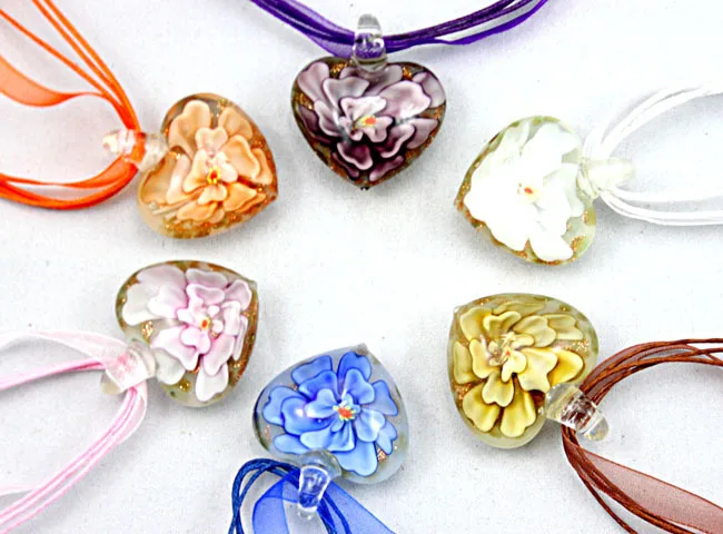 Jewelry  Women Wholesale Jewelry Necklace Flower Heart Shape Glazed Murano Lampwork Glass Pendant