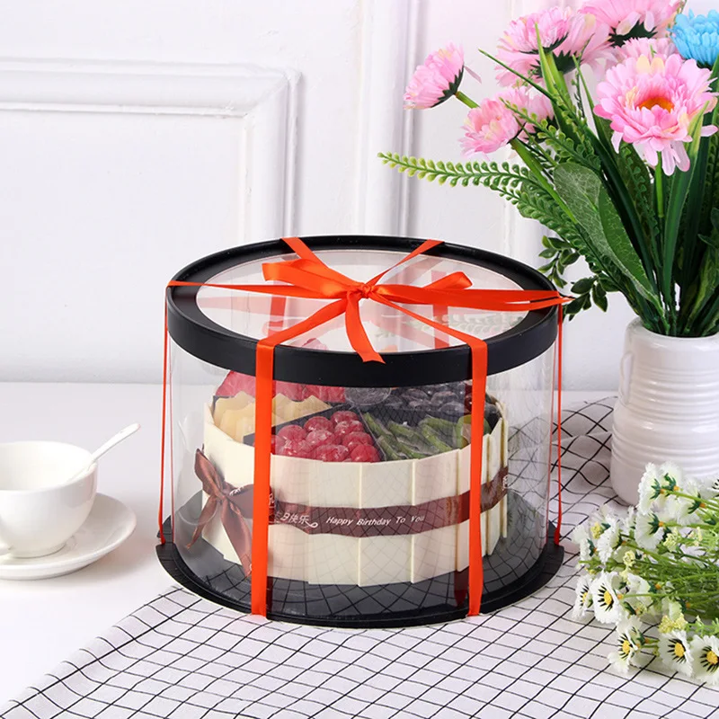6 8 10 12 Inches Luxury PET Plastic Extra Tall White Black Cylinder Round Cake Box With Clear Lid