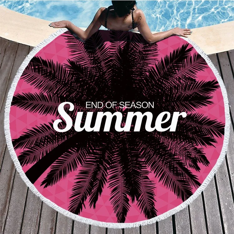 Cusotom digital printed wholesale cheap personalized summer palm tree hawaiian circular beach towel with tassels