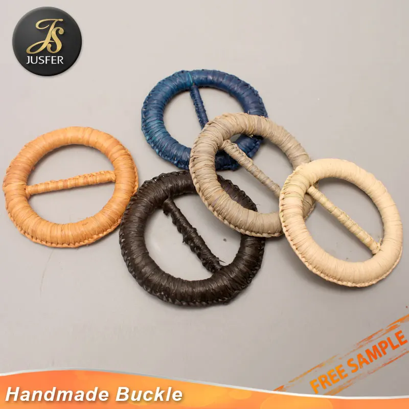 New Design round metal hand weaving belt buckle with raffia