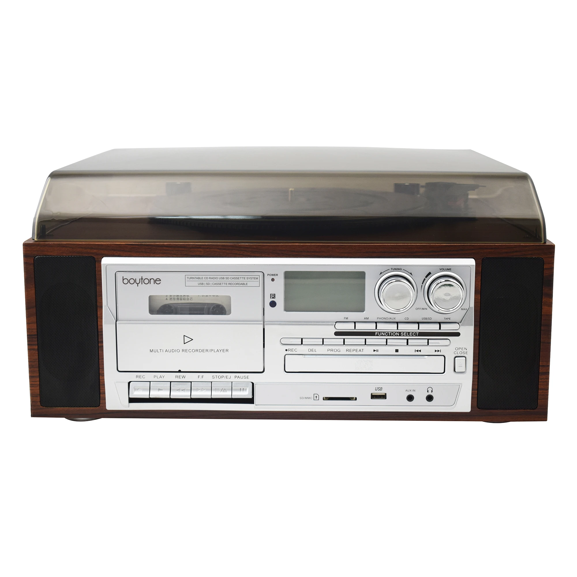 2019 hot sale Full Size Auto Return turntable vinyl record gramophone player with Cassette, USB SD play& recording& CD, RADIO