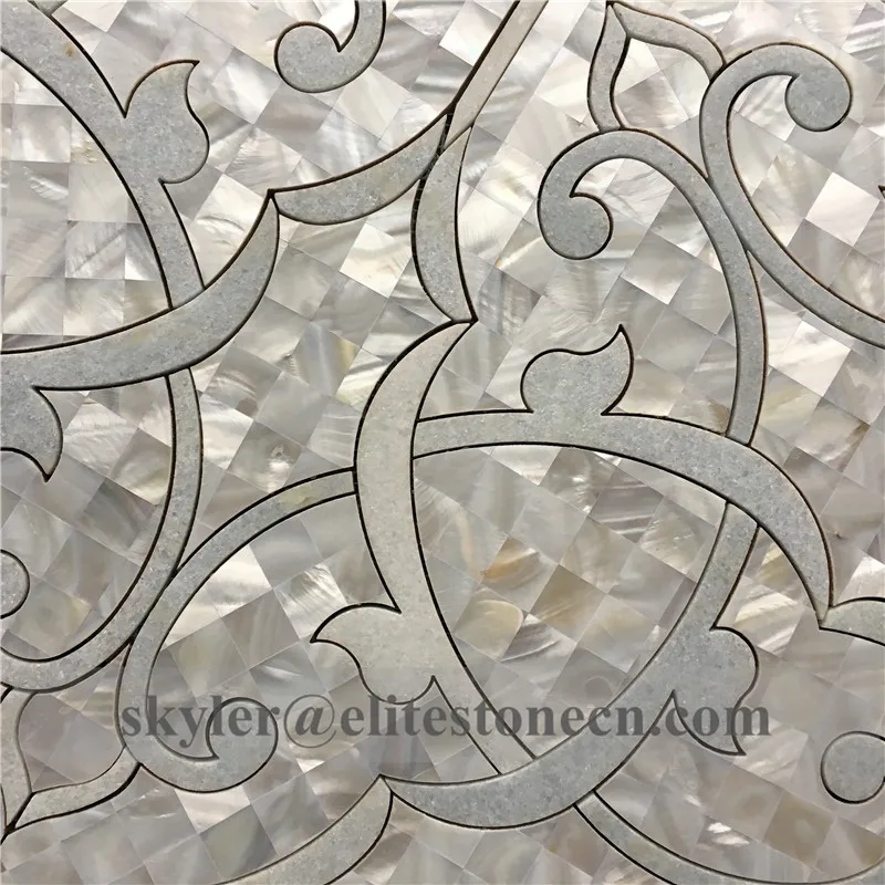 luxury mother pearl of shell and blue marble mixed waterjet mosaic tile