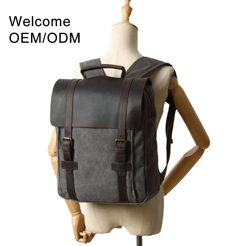 Waterproof retro vintage large capacity men business travelling real genuine leather bags mens bag waxed canvas backpack