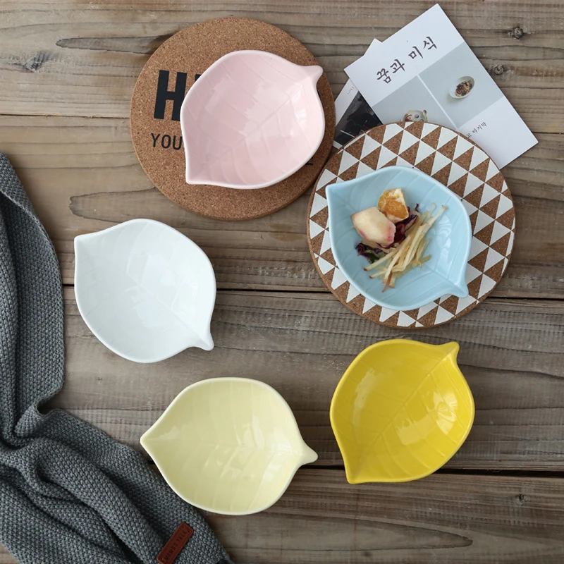 Оптовая продажа керамика лоток Симпатичные Закуски Блюдо Творческий лист форма фарфоровая бульонная чашка вечерние