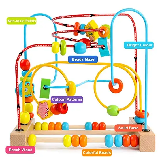 
Hot selling wooden insect cartoon pattern animal round wire colorful bead maze toys 
