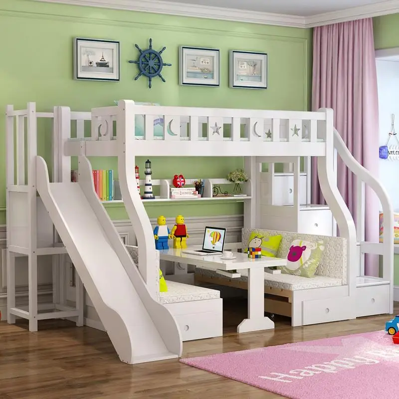 Colorful Pine Solid Wood Convertible Multifunction Wooden Children Dormitory Bunk Bed Kids Bunk Bed With Slide