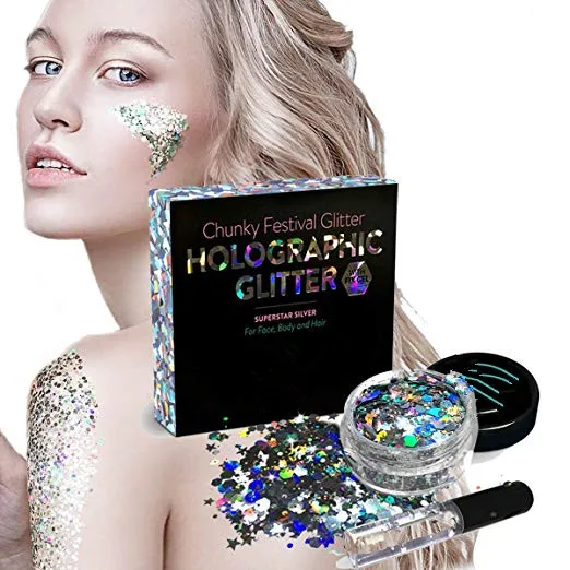 Jingxin Gold Silver Body Chunky Glitter Makeup, Holographic Flake Cosmetic Sequins Glitter Sparkle Mixed Glitter for decoration
