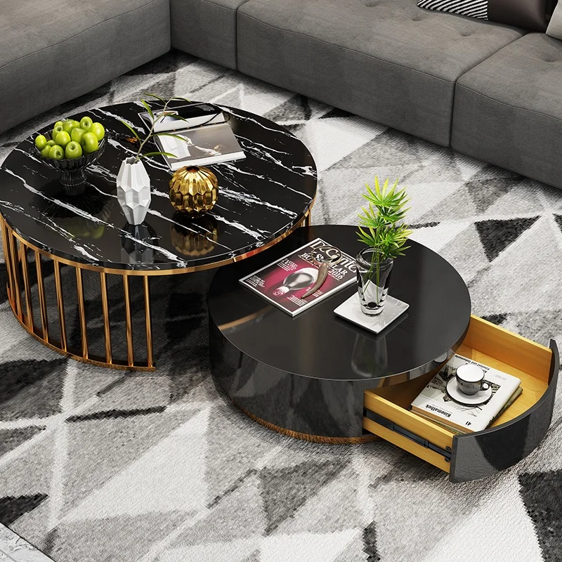 Marble top Solid wood coffee tables metal gold  Round Shape Living Room Furniture Tea Table  with storage Factory Wholesale