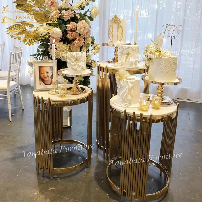 
party event used gold stainless steel base round elegant wedding cake table 