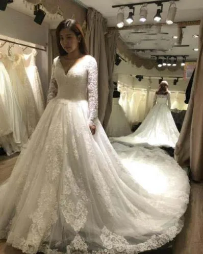 Korean Style Modern Lace Long Sleeves A Line Wedding Reception Dresses with Train