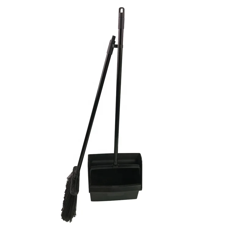 ESD ECO Plastic Black Folding Wind Proof Dustpan With Metal Stick and Broom Set For Cleaning