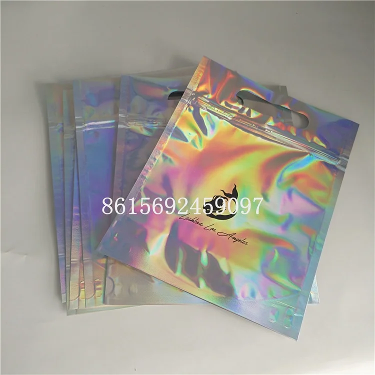 Custom printed holographic laser bag for T-shirt packaging the big size glossy  bag with one side clear for clothing