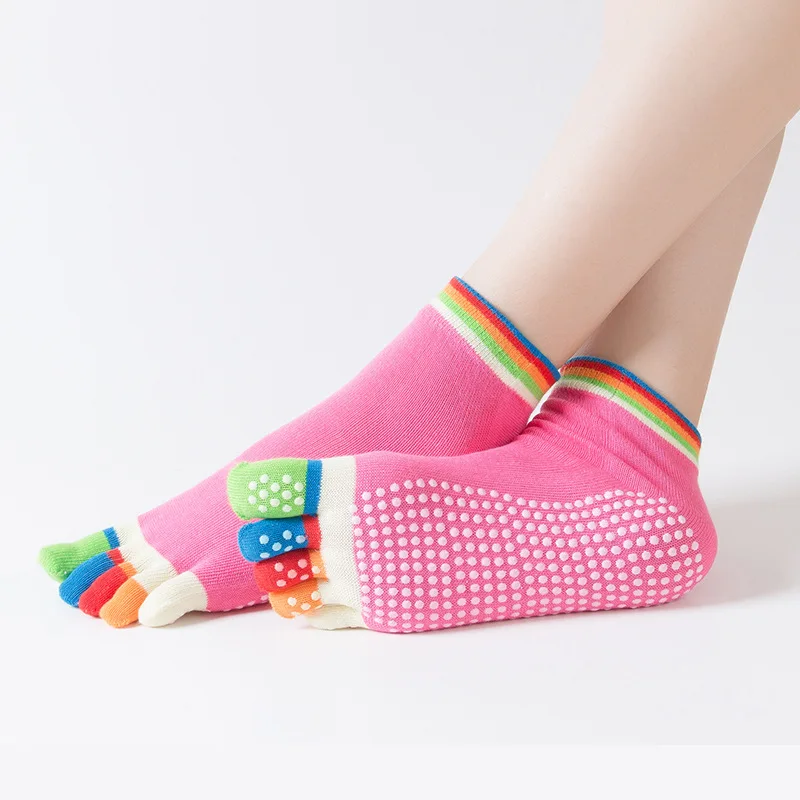 
Profession colorful print cotton socks five toe yoga socks with anti slip PVC grips 