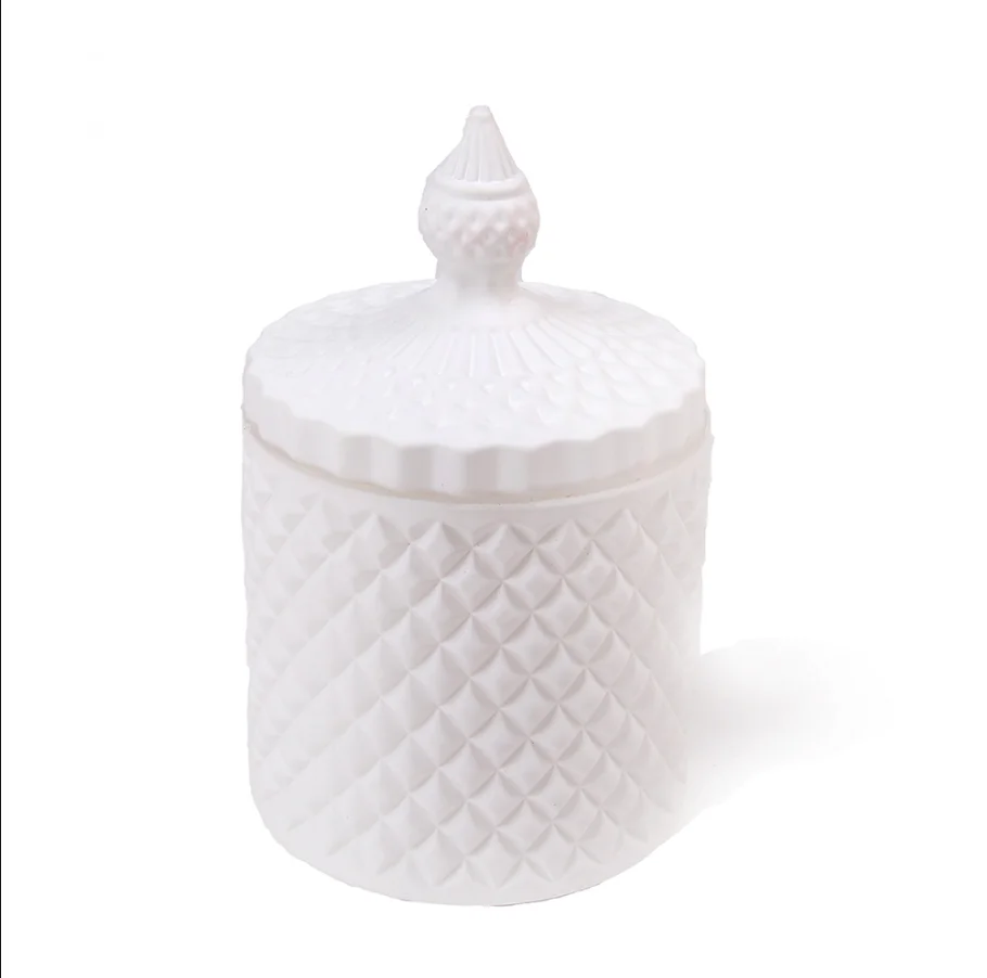 Elegant white geo cut candle jars With Lid Glass Candle Jars