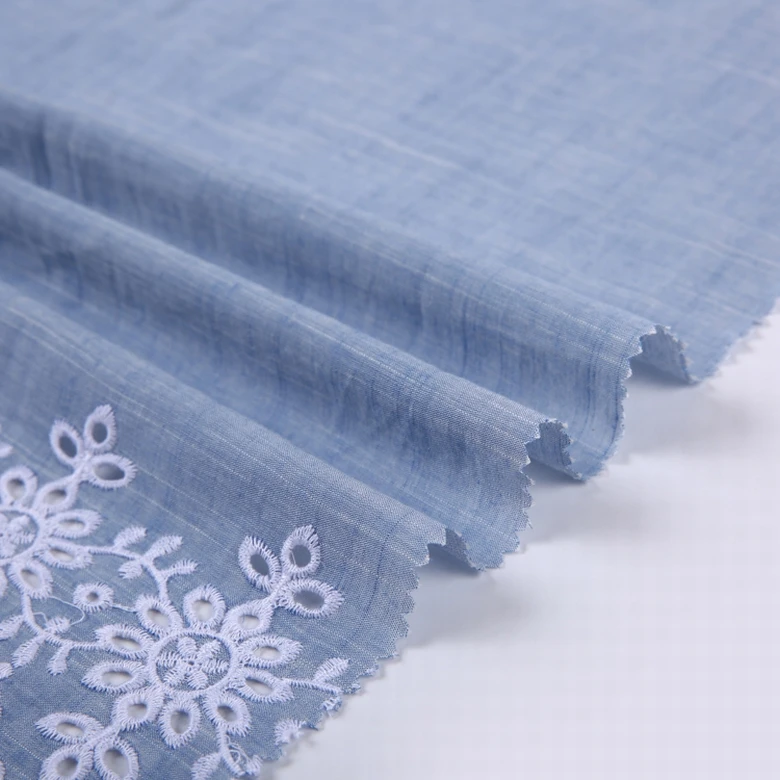 New design cotton single border eyelet embroidery stock voile yarn dyed embroidery lace fabric blue