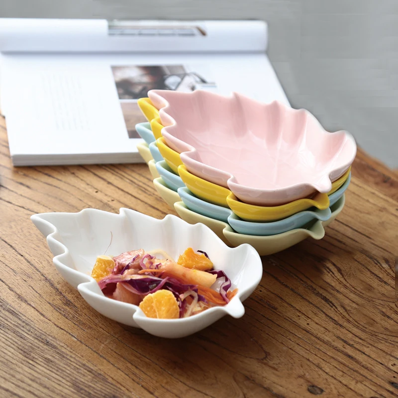 Оптовая продажа керамика лоток Симпатичные Закуски Блюдо Творческий лист форма фарфоровая бульонная чашка Красочные вечерние