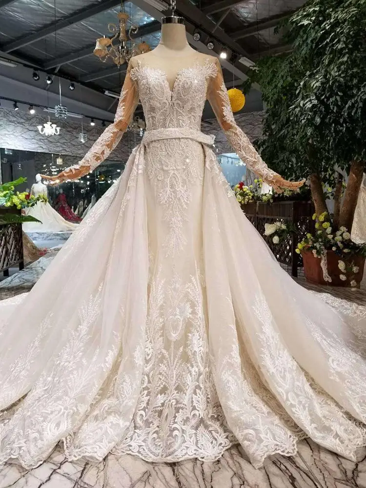 HTL132 long beaded sleeves vestidos de novia bride 2019 designs detachable train mermaid wedding dress bridal gown