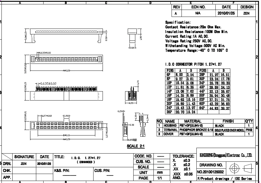 1,27 DIP разъем, 1,27 IDC разъем, 0,635 плоский кабель