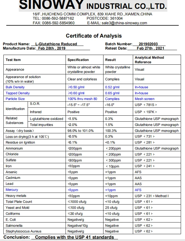 
High density USP/EP standard Glutathione powder , L-Glutathione reduced 