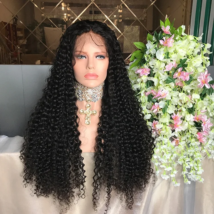 Wholesale Price 150% Density Glueless Natural Black Curly 22inch Long Brazilian Human Hair Wig Lace Front Wig with Baby Hair